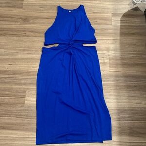 Blue bodycon midi dress with side cutout. Plus size 2x